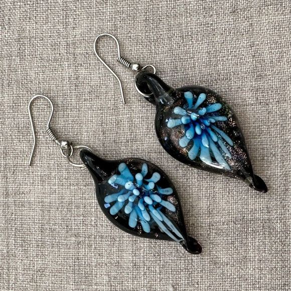 Artisan Lampwork Glass Teardrop Floral Dangle Earrings Black Blue Gold 2" - Picture 1 of 12